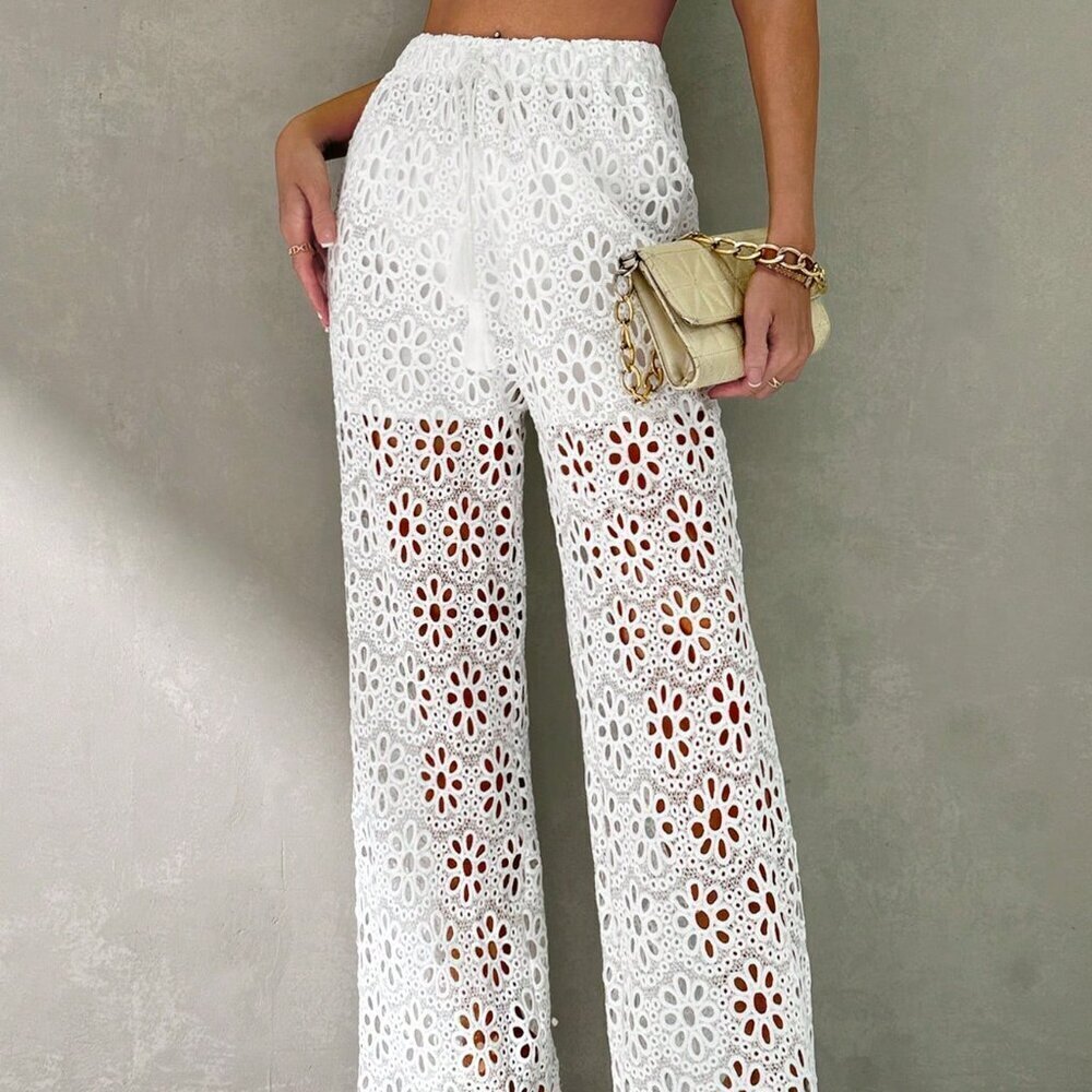 Beige Boho Women's Summer Vacation Beach Lace Crochet Hollow Out Wide Leg Pants - Picture 2 of 7